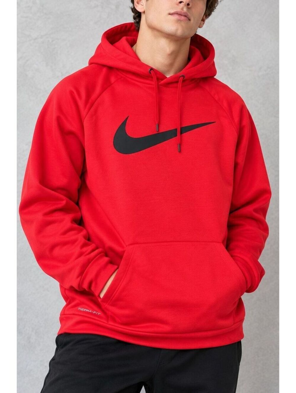 Nike Therma-FIT Hoodie Mens 2XL Red Black Swoosh Pullover Athletic Streetwear